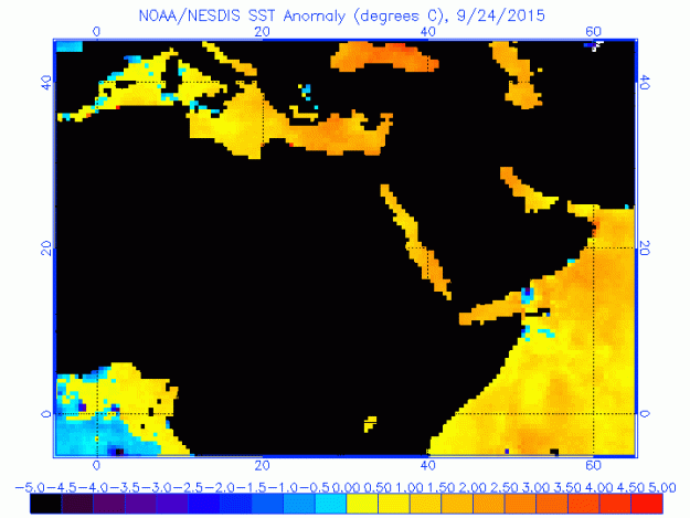 Türkiye civarındaki denizlerin su sıcaklığının 'normal'den farkı (şu sıralar). Karadeniz normalden 1-3 derece ılık... Bu mevsimde hemen her yıl böyle artık... 
