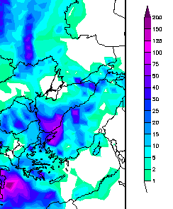 GFS modeline göre önümüzdeki cuma akşamına kadar düşecek yağış miktarı (metrekareye kilogram cinsinden)... Ortadaki morluğa bakın, Marmara Bölgesi'ni hemen seçeceksiniz.